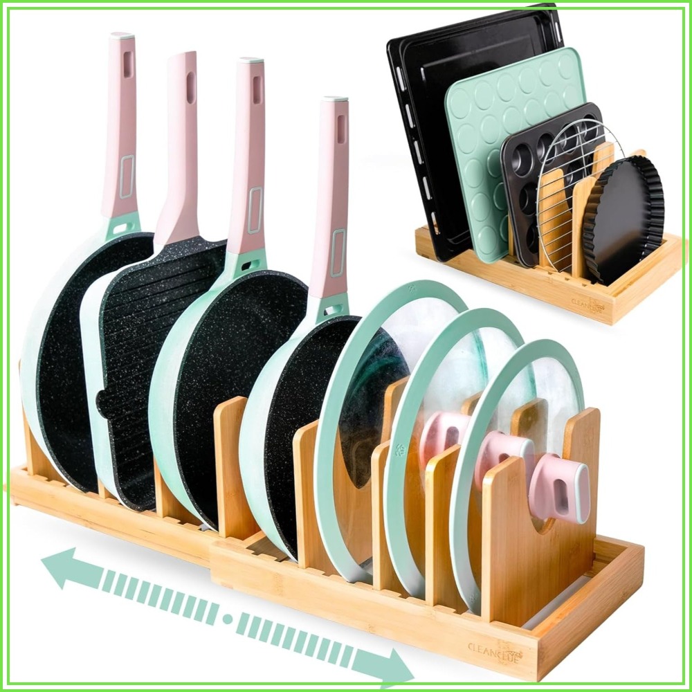 Kitchen Cabinet Baking Organizer - Expandable Bamboo Pots and Pans Organizer